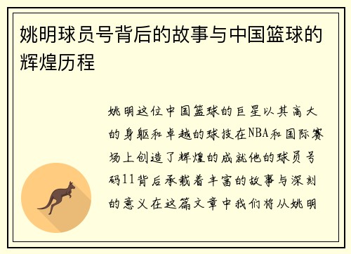 姚明球员号背后的故事与中国篮球的辉煌历程